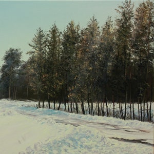 May include: An oil painting depicts a snow-covered road winding through a forest of tall evergreen trees. The sky is a pale blue, and the sunlight filters through the trees, creating a contrast of light and shadow. The artwork evokes a sense of winter stillness.