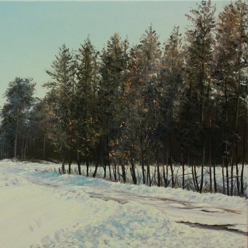 May include: An oil painting depicts a snow-covered road winding through a forest of tall evergreen trees. The sky is a pale blue, and the sunlight filters through the trees, creating a contrast of light and shadow. The artwork evokes a sense of winter stillness.
