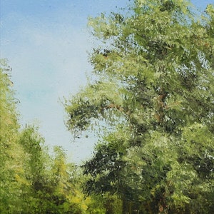 May include: Oil painting of a landscape with lush green trees and a light blue sky. The brushstrokes are visible, creating a textured effect. The artwork captures a serene outdoor scene.