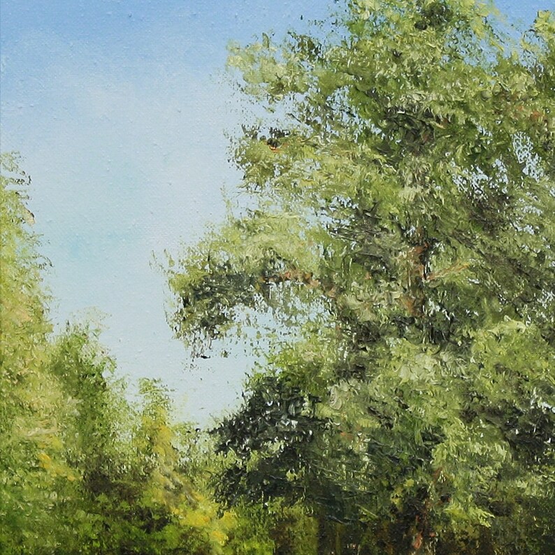 May include: Oil painting of a landscape with lush green trees and a light blue sky. The brushstrokes are visible, creating a textured effect. The artwork captures a serene outdoor scene.