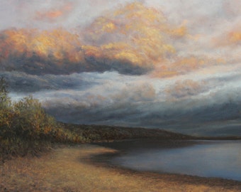 Väder i förändring | original oljemålning, 40 x 55 cm / 15,7" x 21,7" | klassisk realism | solnedgång och stormmålning