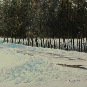 May include: Oil painting of a snow-covered road leading into a dark forest. The foreground features a snowdrift, with the road cutting through the snow. The trees are tall and slender, with a hint of sunlight filtering through the branches. The painting is signed and dated.