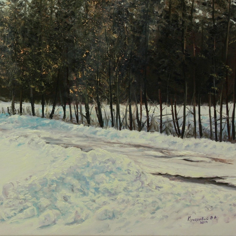 May include: Oil painting of a snow-covered road leading into a dark forest. The foreground features a snowdrift, with the road cutting through the snow. The trees are tall and slender, with a hint of sunlight filtering through the branches. The painting is signed and dated.