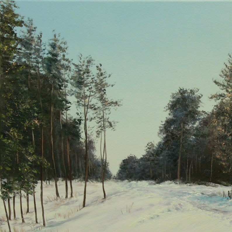 May include: Oil painting of a winter landscape featuring a snow-covered path winding through a forest of tall, slender trees. The sky is a pale blue, and the trees are a mix of dark green and gray, creating a serene, natural scene.