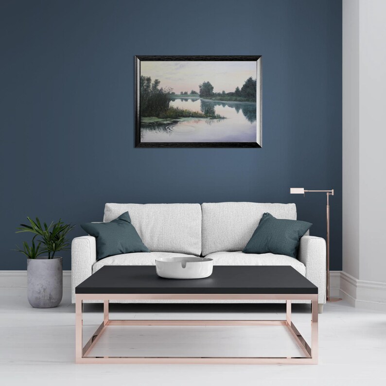 Sommarsolnedgångsmålning - När solen går ner - Unik original oljekonst - Vattenscenkonst - Realism - 70 x 100 cm - Lugnande väggdekor bild 10