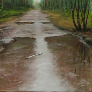 Skogsmålning Original Olja - Efter Regnet - Sommarskogslandskap - Grön Natur Väggkonst - Realism - 35 x 45 cm - Lugn Skogsscen bild 6