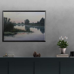 Sommarsolnedgångsmålning - När solen går ner - Unik original oljekonst - Vattenscenkonst - Realism - 70 x 100 cm - Lugnande väggdekor bild 9