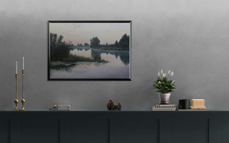 Sommarsolnedgångsmålning - När solen går ner - Unik original oljekonst - Vattenscenkonst - Realism - 70 x 100 cm - Lugnande väggdekor bild 9