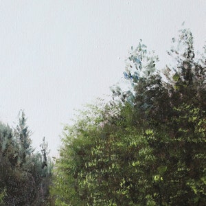 May include: An oil painting depicting a landscape with lush green trees and foliage. The artwork features a bright white sky and a variety of green hues in the trees, creating a sense of depth and natural beauty. The painting style is impressionistic.
