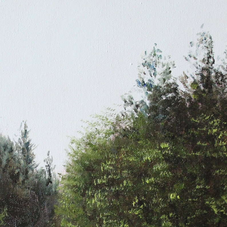 May include: An oil painting depicting a landscape with lush green trees and foliage. The artwork features a bright white sky and a variety of green hues in the trees, creating a sense of depth and natural beauty. The painting style is impressionistic.
