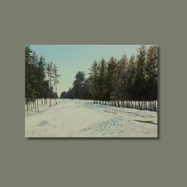 May include: An oil painting depicts a snow-covered path winding through a forest of evergreen trees. The sky is a pale blue, and the snow reflects the sunlight. The artwork evokes a sense of tranquility and the beauty of winter.