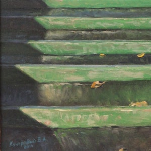 May include: An abstract painting featuring a series of green, rectangular shapes, possibly steps or platforms, with dark shadows and a few scattered leaves. The artwork has a textured, painted appearance, with the artist's signature and the year 2014 visible in the bottom left corner.