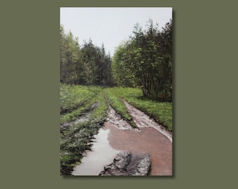 Forest After Rain Painting - Mud - Original Oil Landscape - Green Nature Wall Art - Realism - 50x35cm - Tranquil Home or Office Decor