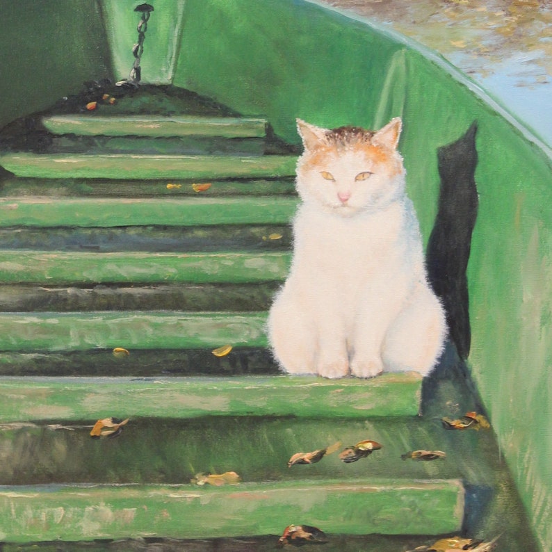 May include: A painting of a white cat with orange and brown markings sitting on green steps. The steps are part of a green structure, possibly a boat. Fallen leaves are scattered on the steps.