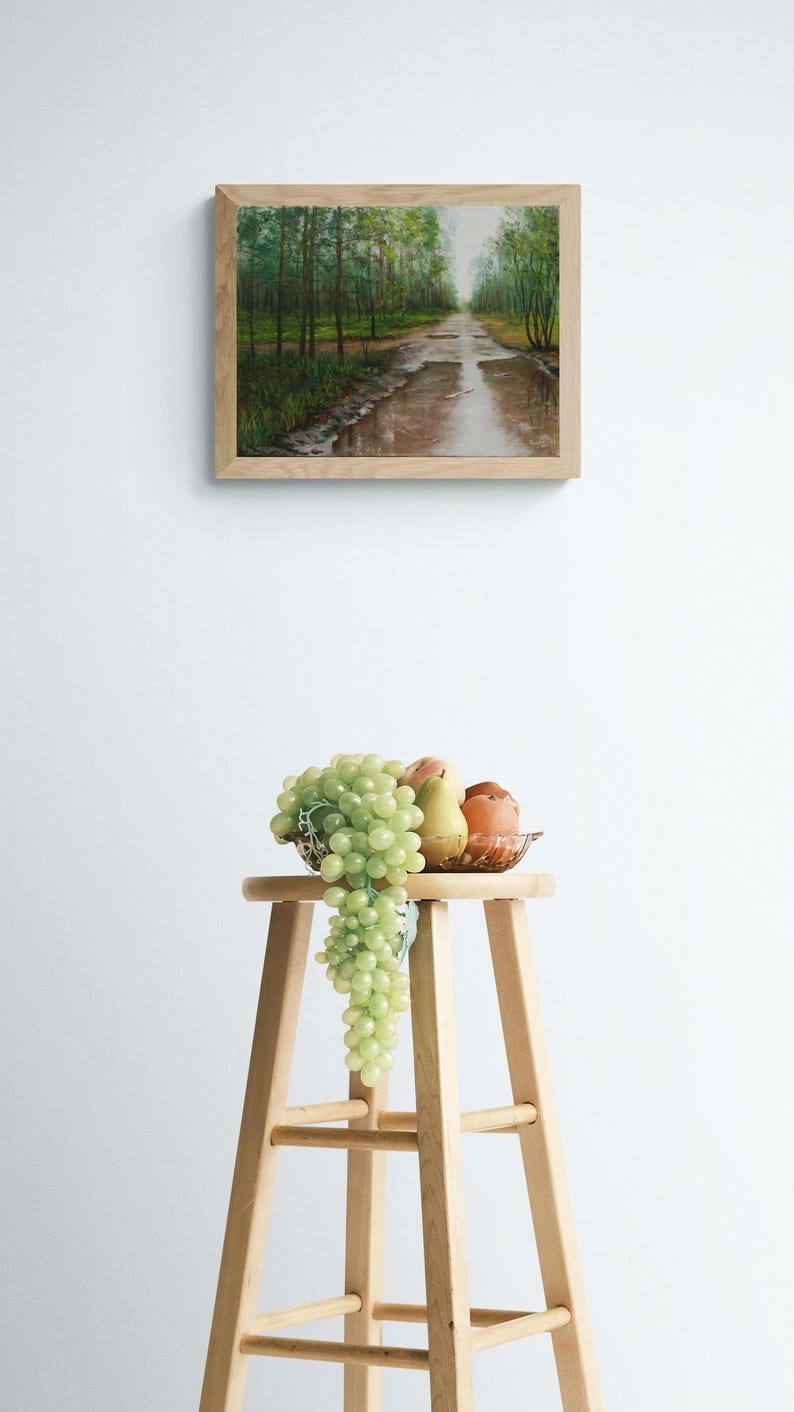 Skogsmålning Original Olja - Efter Regnet - Sommarskogslandskap - Grön Natur Väggkonst - Realism - 35 x 45 cm - Lugn Skogsscen bild 9