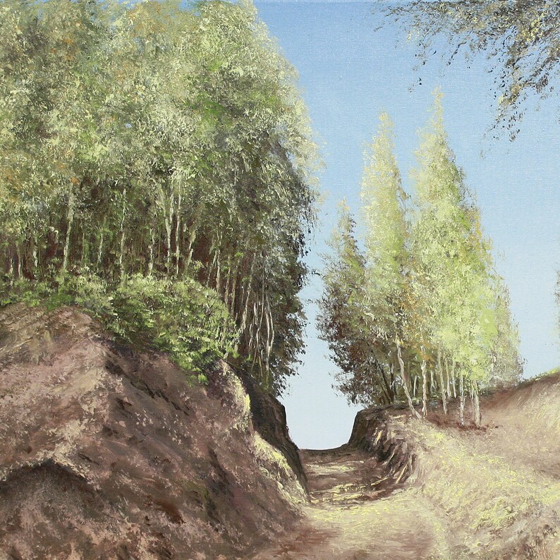 May include: An oil painting depicts a path winding through a forest. Tall, slender trees with green foliage line the sides of the path, under a light blue sky. The path is a light brown color.