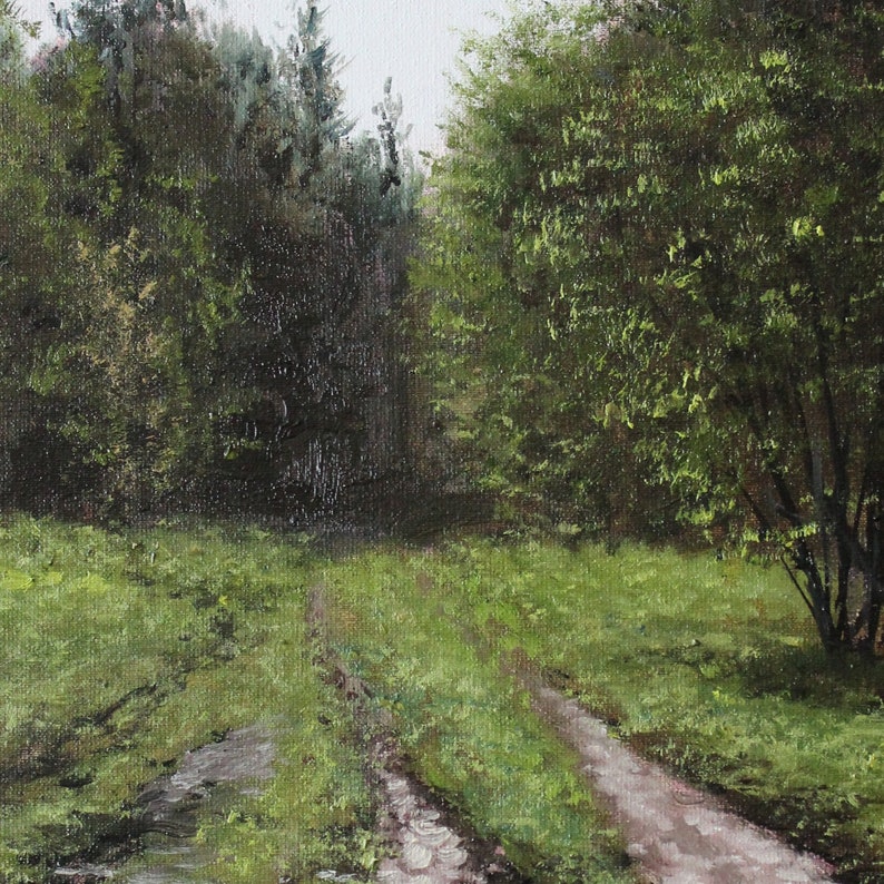 May include: Oil painting of a forest scene with a dirt path leading into the distance. Lush green grass and trees frame the path, with varying shades of green and brown. The sky is a soft white, suggesting a bright day.