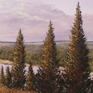 May include: An oil painting depicts a landscape with several tall evergreen trees in the foreground. The trees are a mix of green and brown, with a river and forest in the background under a cloudy, lavender sky. The artwork evokes a sense of nature.