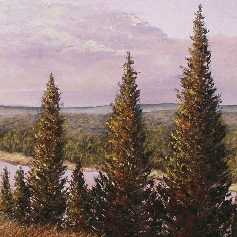 May include: An oil painting depicts a landscape with several tall evergreen trees in the foreground. The trees are a mix of green and brown, with a river and forest in the background under a cloudy, lavender sky. The artwork evokes a sense of nature.