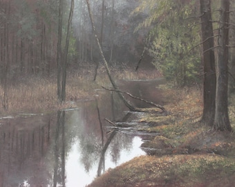 Trüben Gewässern | Original Ölgemälde, 45 x 60 cm / 17.7" x 23.6" | klassischen Realismus | Wald nach dem Regen, Malerei
