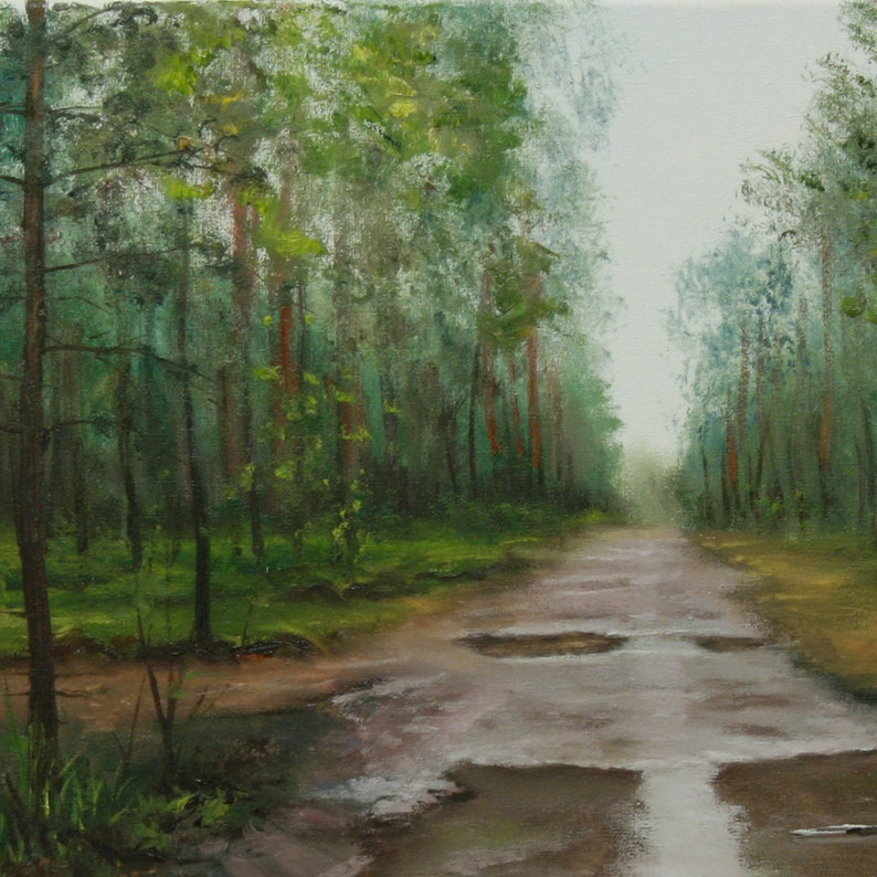 Skogsmålning Original Olja - Efter Regnet - Sommarskogslandskap - Grön Natur Väggkonst - Realism - 35 x 45 cm - Lugn Skogsscen bild 5