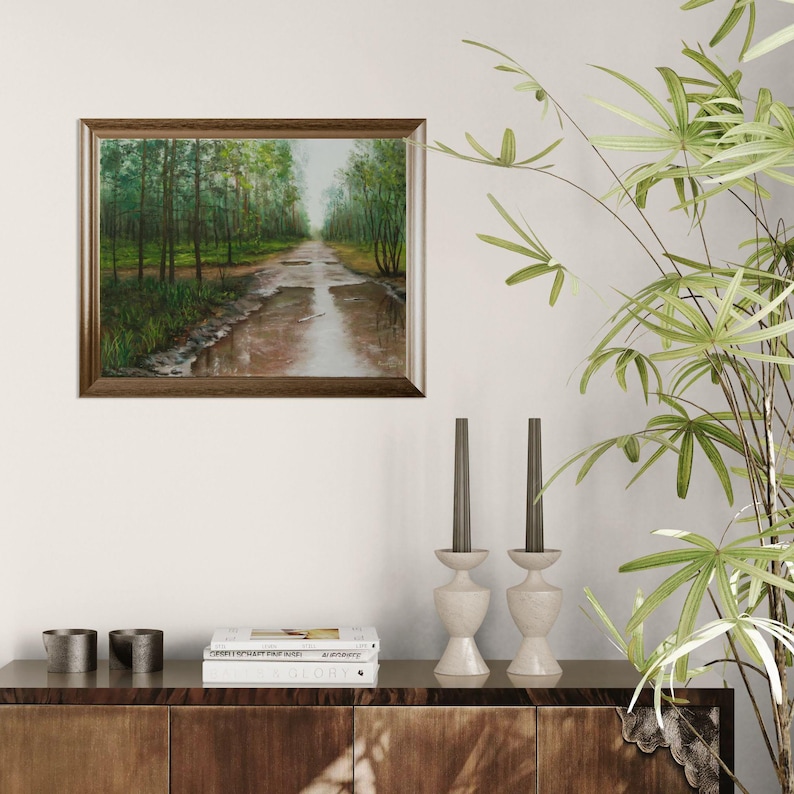 Skogsmålning Original Olja - Efter Regnet - Sommarskogslandskap - Grön Natur Väggkonst - Realism - 35 x 45 cm - Lugn Skogsscen bild 1