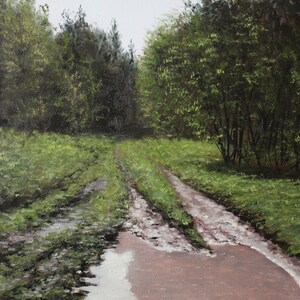May include: Oil painting of a muddy forest path. The path is flanked by green grass and trees. A large puddle reflects the sky. The painting has a naturalistic style with a muted color palette.