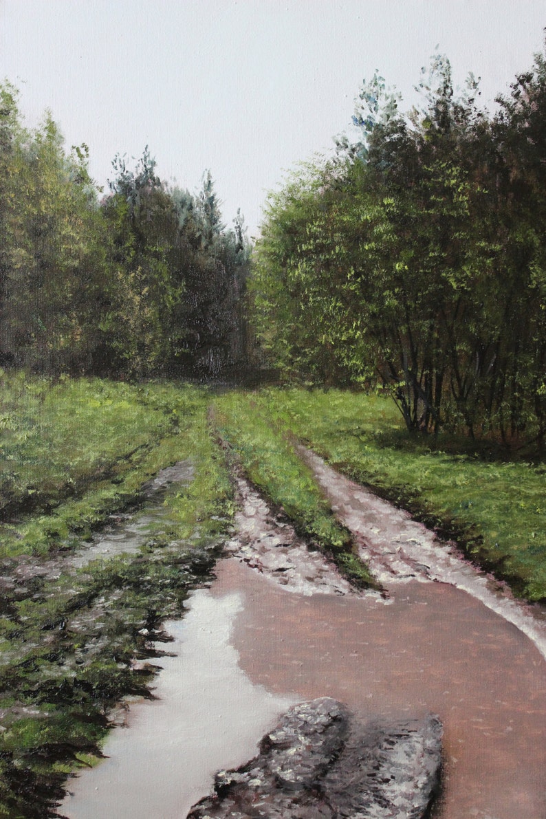 May include: Oil painting of a muddy forest path. The path is flanked by green grass and trees. A large puddle reflects the sky. The painting has a naturalistic style with a muted color palette.
