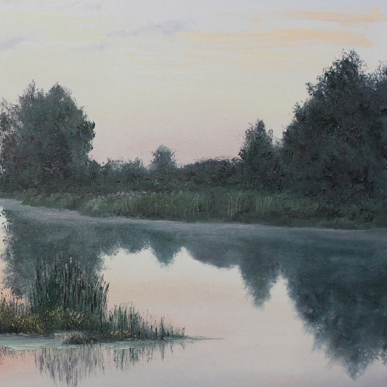 Sommarsolnedgångsmålning - När solen går ner - Unik original oljekonst - Vattenscenkonst - Realism - 70 x 100 cm - Lugnande väggdekor bild 6