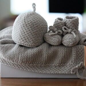 May include: A set of knitted baby clothes in a light grey colour. The set includes a hat, booties, and a cardigan. The items are arranged on a white box.