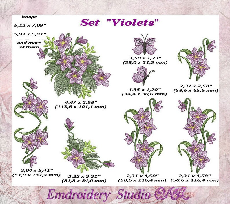 Machine embroidery flowers set Violets flower Etsy
