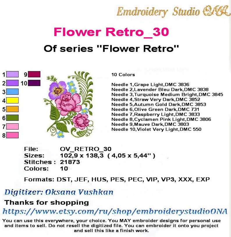 Machine embroidery flower Retro_30 design of series Etsy