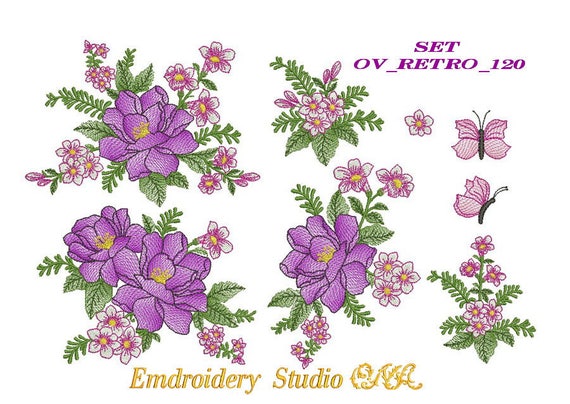 Machine embroidery flowers set of designs OV_RETRO_120 | Etsy