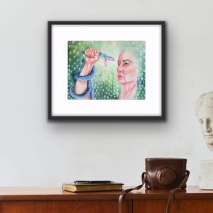 May include: A watercolor painting of a woman with a snake wrapped around her arm. The snake is biting the woman's finger. The woman's face is painted in a realistic style, and she has a worried expression. The background is a green and blue watercolor wash.