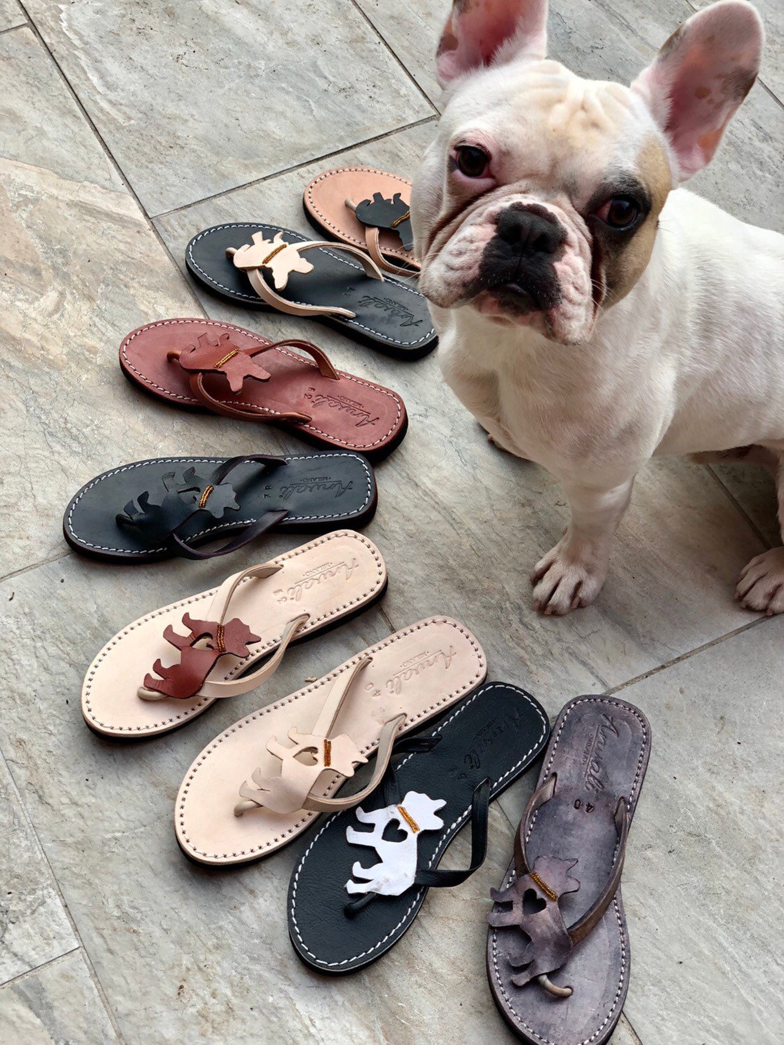 Dog French Bulldog Bicolor sandals shoes flip flops leather Etsy