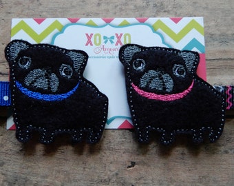 Black Pug Hair Clip: Embroidered Wool Felt Dog Bow