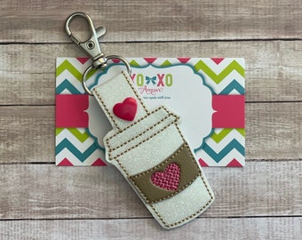 Latte Love Snap Tab: Embroidered Coffee Key Fob, Bag Charm