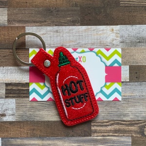 Hot Stuff Chain, Hot Sauce Snap Tab, Embroidered Key Chain, Hot Sauce Key Fob, Custom Gift, Zipper Pull, XoXo Amour