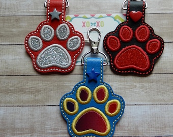 Embroidered Paw Print Snap Tab: Dog Lover Key Chain, Backpack Charm