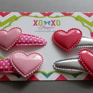 Heart Snap Clips, Pink Heart Clips, Valentine Clips,  Toddler Hair Bow, Clippy, Pigtail Clips, Felt Hair Clips, Xoxo Hair clips, XOXO Amour