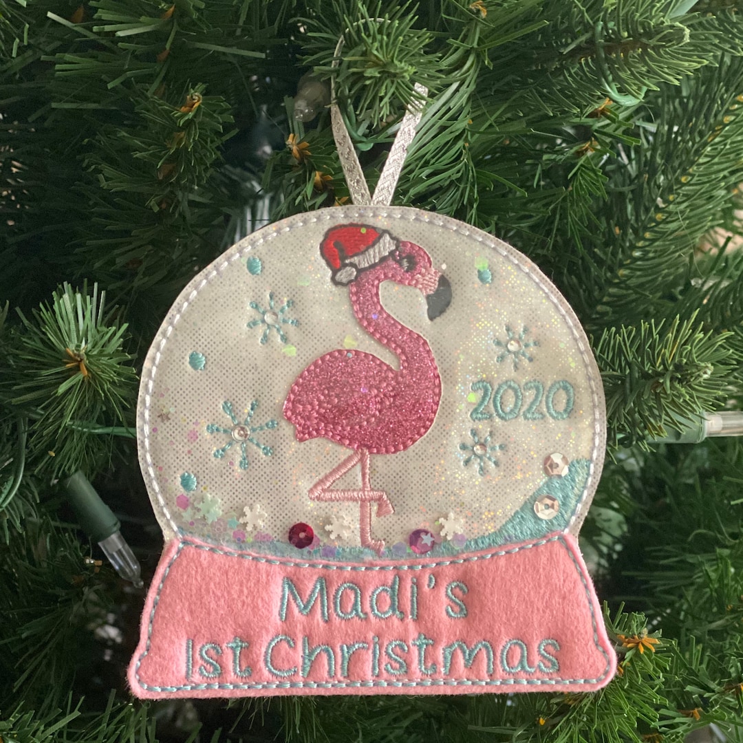 Personalized Flamingo Christmas Ornament: Embroidered Snow Globe