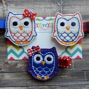 Patriotic Owl Hair Clip, Owl Hair Bows, Owl Clippies, Felt Owl Clips, Baby Hair Clips, Pigtail Clips, Baby Bow, XoXo Amour, XoXo Hair Clips