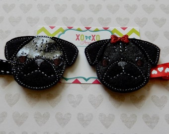 Black Pug Hair Clip: Embroidered Wool Felt Dog Bow