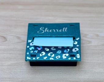 Personalized Glitter Sticky Note Holder, Cheetah Print, Teacher Gift