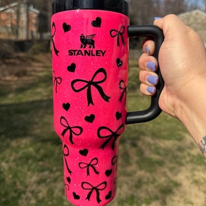 Neon Pink Stanley with Bows Tumbler, Glitter Epoxy Stanley, 40 oz tumbler, Authentic Stanley, Coquette Bows and Hearts Stanley, XOXO AMOUR