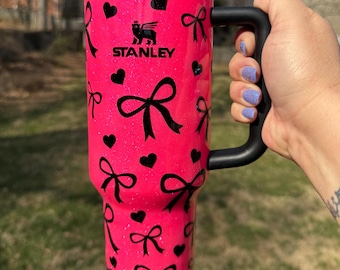 Neon Pink Stanley Tumbler with Bows & Hearts: Glitter Epoxy 40 oz 30oz