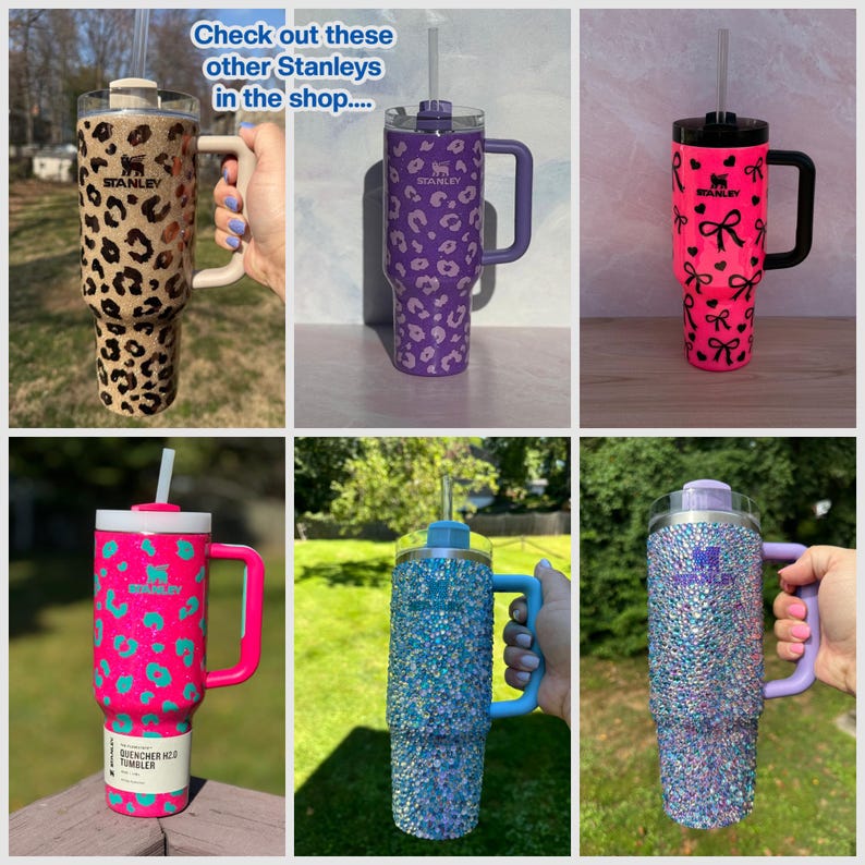 Puede incluir: Colecci&oacute;n de vasos Stanley con varios dise&ntilde;os. Incluye estampado de leopardo, estampado de leopardo morado, rosa con lazos negros, rosa con lunares turquesa, purpurina azul y purpurina morada. Cada vaso tiene un asa y una pajita.