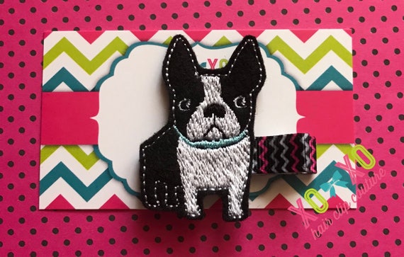 Embroidered Boston Terrier Hair Clip: Wool Felt Dog Bow  display picture 1