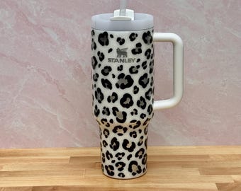 Snow Leopard Print Stanley Tumbler: White, Black & Silver Leopard Spots