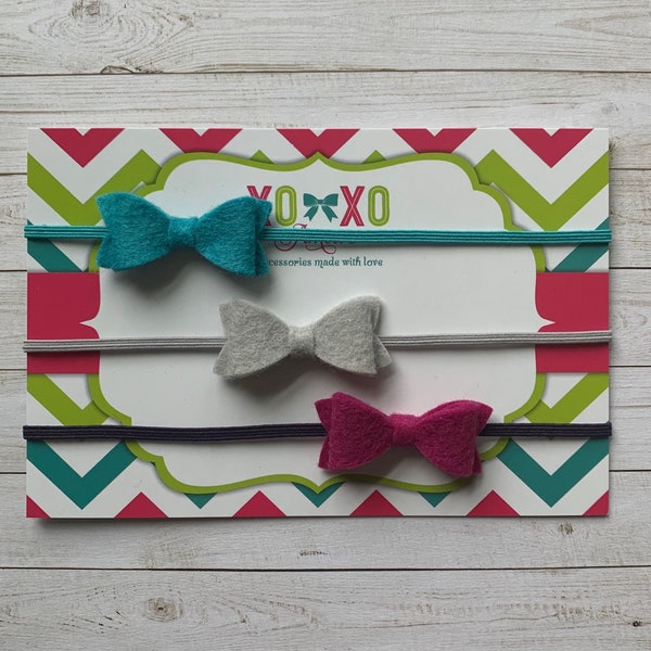 3 Color Felt Bow Headband Set, Wool Felt Bows, Baby Hair Bow, Mini Bows, Newborn Gift, Baby Shower Gift, Pink Bow, Baby Gift, XoXo Amour